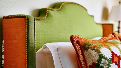 Vibrant Green Upholstered Headboard with Decorative Nailhead Trim and Colorful Throw Pillow.