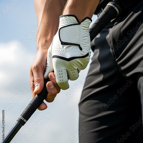Golf Player Holding Club with White Glove Focusing on Precise Grip