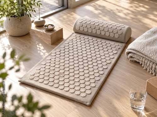 Acupressure mat and pillow on wooden floor in sunny room