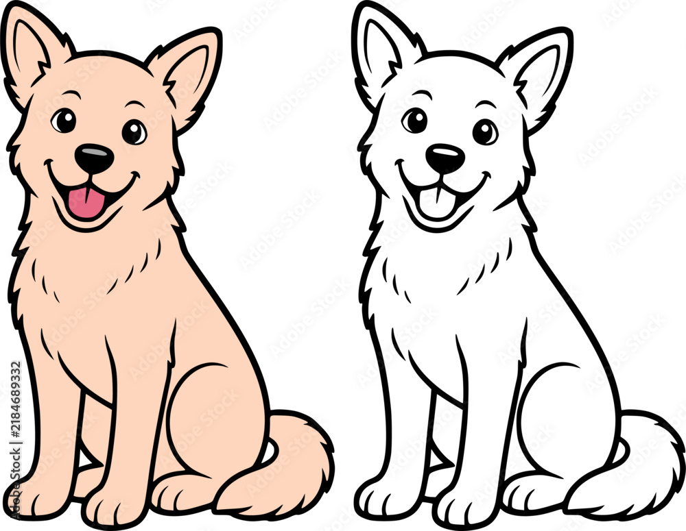 Obraz premium Cute dog illustration icons in line art and colored style, coloring page for kids