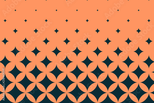 A stylish repeating design combines warm coral curves and deep teal star motifs in a balanced decorative layout, ideal for modern wallpapers, branding, textiles, and web backgrounds.