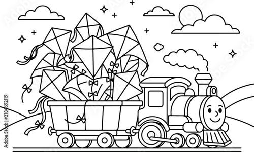 Cartoon train carrying giant kites, whimsical locomotive illustration for coloring page.