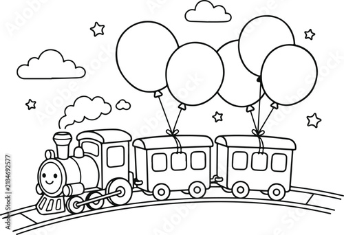Cute cartoon train with balloons coloring page for kids illustration