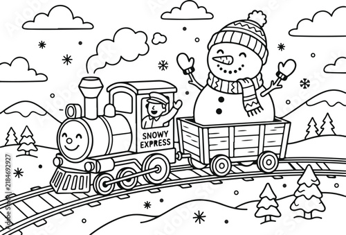 Cute cartoon train pulling a snowman in a winter landscape coloring page for children