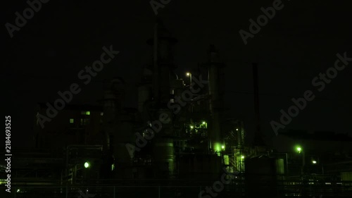 Dark Industrial Plant with Green Lights and Machinery at Night in Chidoricho Kawasaki