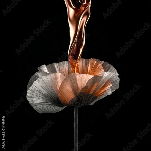 Copper liquid pours onto delicate flower petals