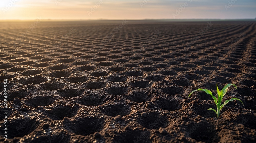 Fototapeta premium Single green corn sprout on prepared seedbed. Rows of dark soil. Early stage of agricultural growth. Farming business concept at sunrise