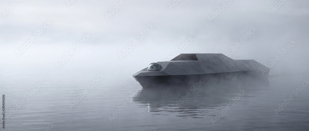Obraz premium Low profile autonomous vessel moving through sea fog. Concept of naval robotics, reconnaissance and maritime security.