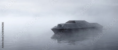 Low profile autonomous vessel moving through sea fog. Concept of naval robotics, reconnaissance and maritime security.