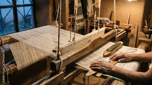 Hands of an artisan weaving traditional fabric on a vintage wooden handloom in a rustic workshop
