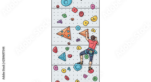 Climber scaling a rock climbing wall colorful vector illustration