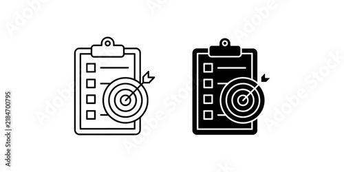 Clipboard with checklist and target icon showing business goal achievement and task management success