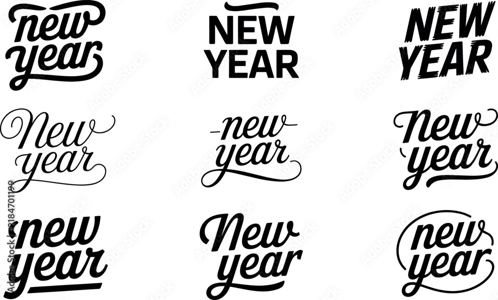 Obraz premium Happy New Year Calligraphic Hand Lettering Typography Vector Set Isolated White Background Holiday Greetings