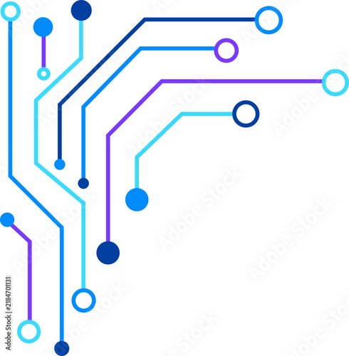 Abstract circuit board pattern with blue and purple lines and nodes, technology network background, digital innovation