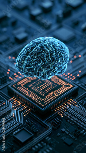 glowing artificial intelligence chip floating above a modern circuit board, deep blue background, high-detail 3D render