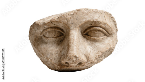 Canvastavla Fragmented ancient stone sculpture of a human face, isolated on transparent back