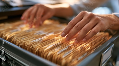 Hands of a person sorting through a file cabinet filled with organized manila folders, showcasing a well-maintained office environment with natural lighting
