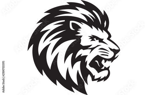 Fierce lion head vector illustration featuring sharp stylized mane details rendered in bold black and white high contrast graphic design
