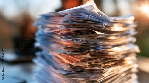 Stack of disorganized paperwork and documents on a table with blurred background, sunlight illuminating the scene, creating a warm atmosphere of cluttered office work