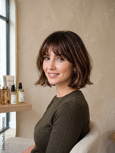 Captivating portrait of a woman with a trendy short hair style at a salon