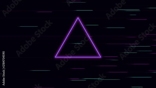 Neon purple triangle with glowing lines and glitch motion background
