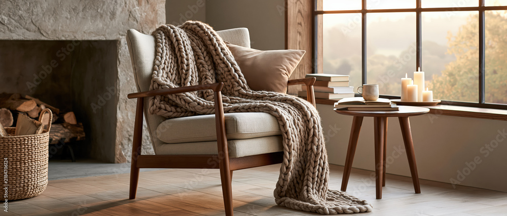 Fototapeta premium Hyggeinspired living nook evokes warmth and slow living chunky knit throw draped over a woodframe armchair, candles glowing beside stacked books, stone fireplace and golden forest view.