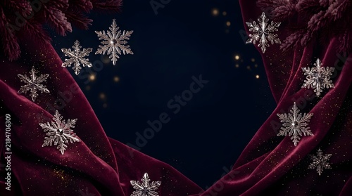 Elegant Dark Navy Christmas Background with Silver Snowflakes and Festive Bokeh Lights