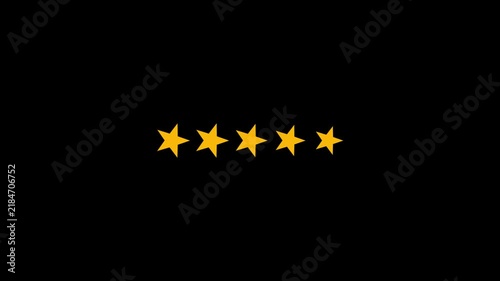 Five golden stars glowing and pulsing on black background