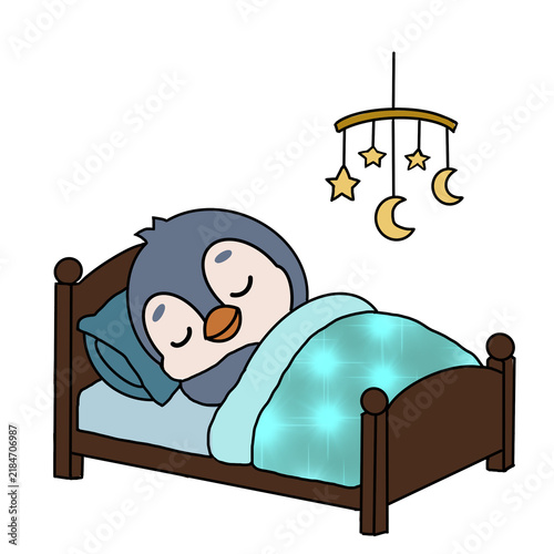 Obraz na płótnie Cutecartoon penguin sleeping deeply in bed with a baby mobile hanging above, bed