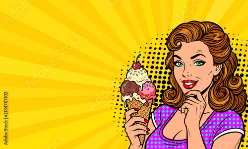 Pop art woman holding ice cream cone with cherry on yellow sunburst background