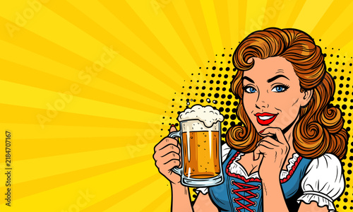 Pop art woman in Bavarian dirndl holding beer mug on yellow sunburst background