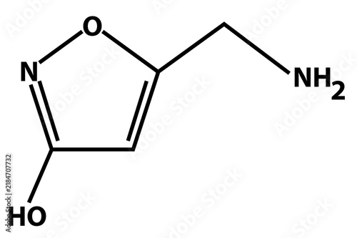 Muscimol hydrochloride icon. Main psychoactive component of fly agaric (Amanita muscaria). Chemical structure of Muscimol (C4H6N2O2). flat style.