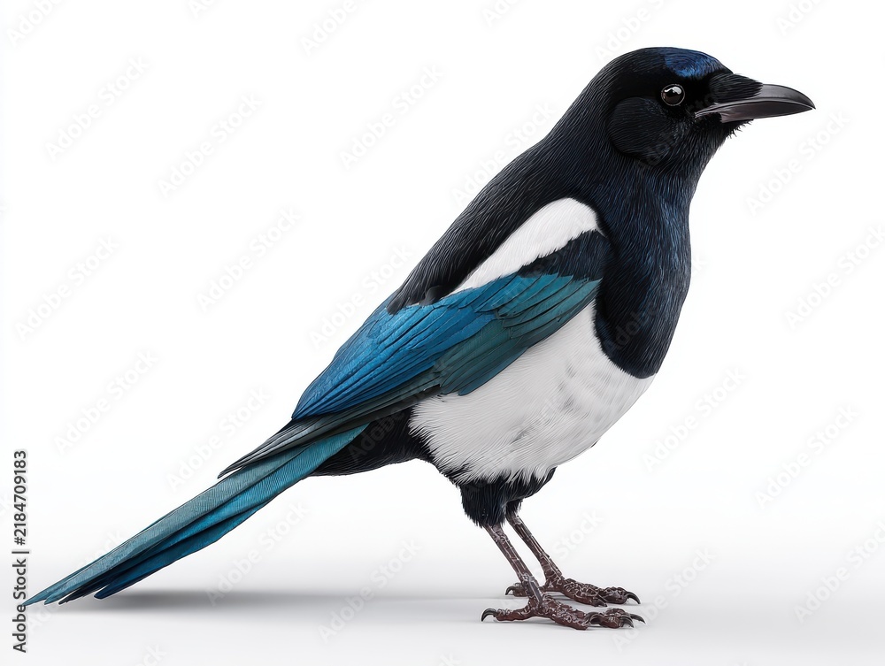 Obraz premium Stunning Eurasian Magpie With Iridescent Blue And Black Plumage Against A Clean White Background