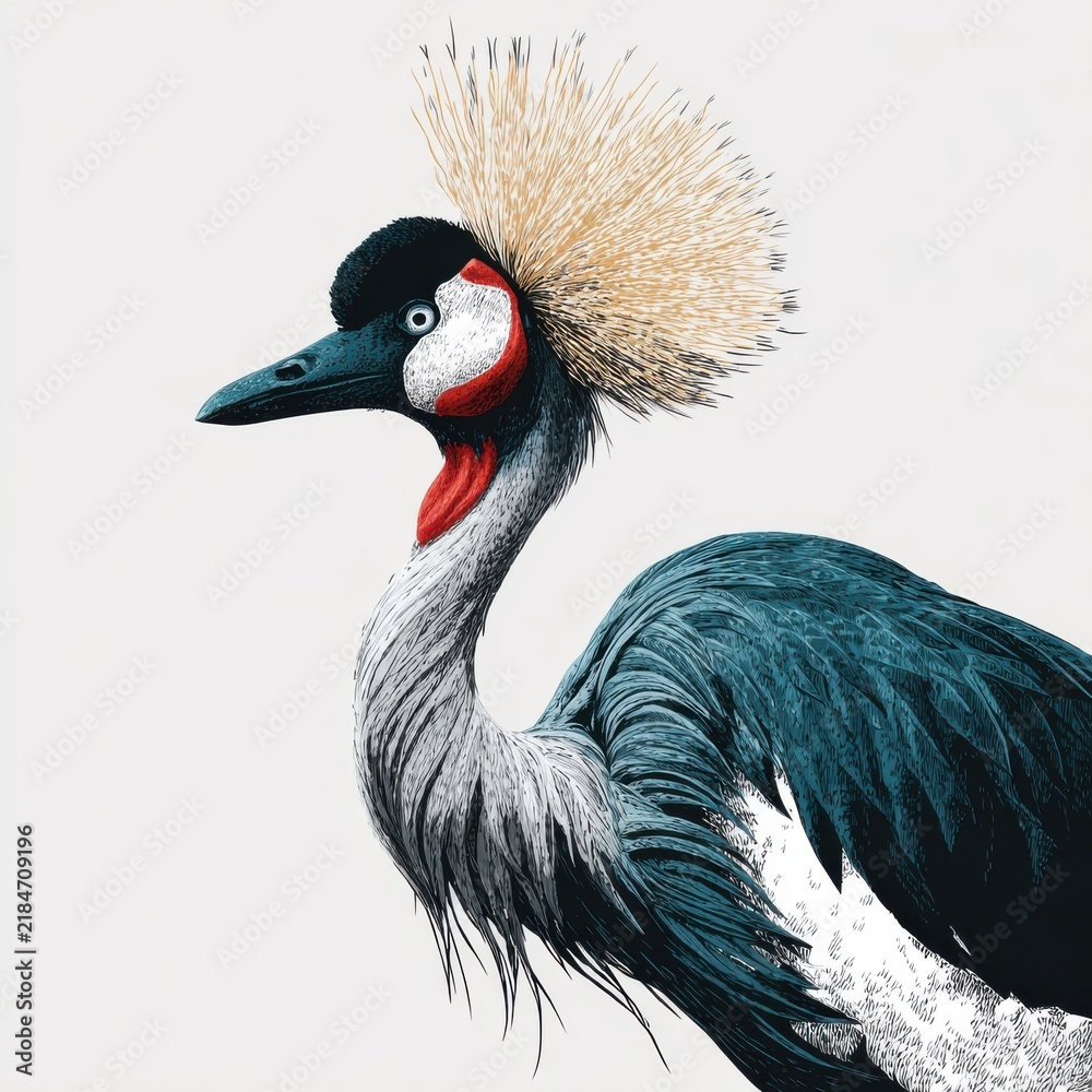 Fototapeta premium Stunning Grey Crowned Crane Profile With Golden Crest Feathers On Isolated Clean White Background