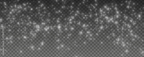 Falling snow overlay on transparent background.  Winter falling snowflakes in different shapes and forms. Great for Christmas or New Year card. Frost storm effect, snowfall, ice.