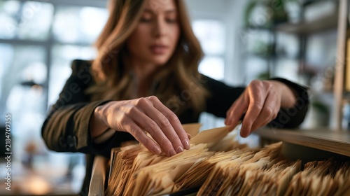 Female office worker organizing file folders in a wooden cabinet, with a modern office setting featuring natural light and blurred background elements
