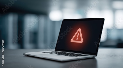 A laptop screen glows red with a cybersecurity warning symbol in a modern data center setting. The moody lighting emphasizes digital threat and security alert.