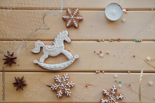 Christmas Gingerbread Rocking Horse and Snowflake Cookies Festive Background