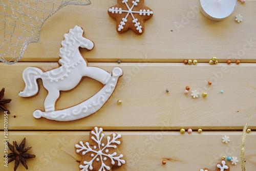 Christmas Gingerbread Rocking Horse and Snowflake Cookies Festive Background