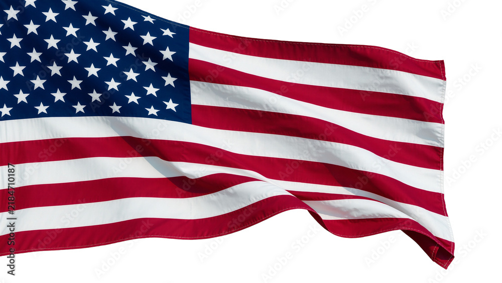 Fototapeta premium Waving American flag with red and white stripes and blue field with stars, isolated on transparent background