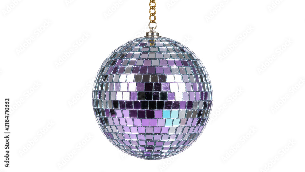 Fototapeta premium Purple disco ball with mirrored squares hanging by a gold chain, isolated on transparent background