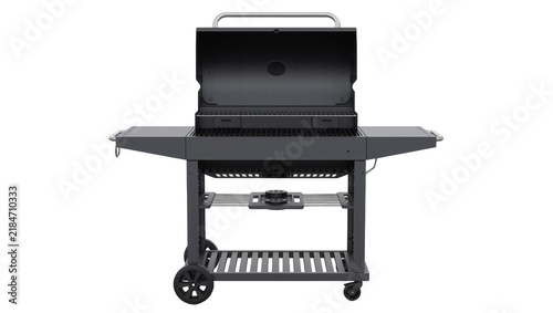 Fotografie Charcoal barbecue grill with open lid and side shelves, isolated on transparent