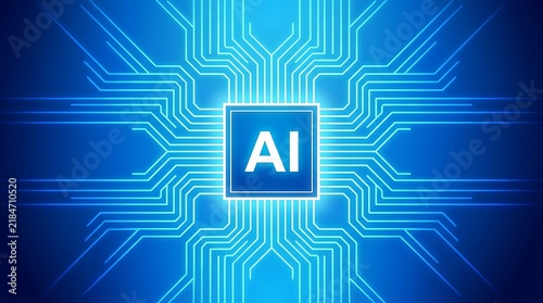 Naklejka Ai text on a central processing unit chip surrounded by glowing digital circuit lines, representing artificial intelligence and data connectivity