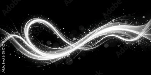 Swirling white light trail with dust particles on black abstract background particles sparkles futuristic backdrop artistic movement illustration velocity