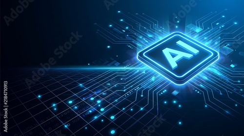 Futuristic ai technology concept with glowing digital chip and data grid background
