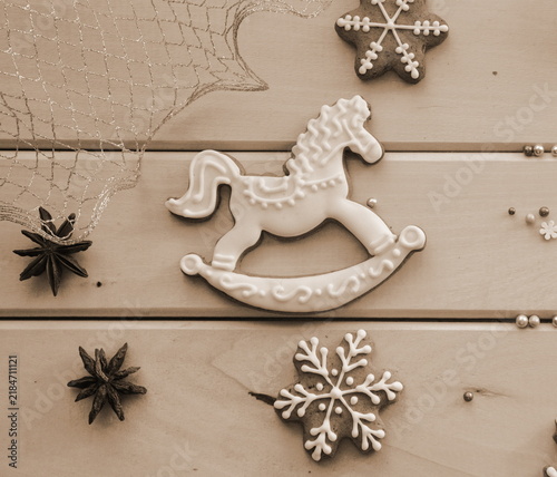 Christmas Gingerbread Rocking Horse and Snowflake Cookies Festive Background
