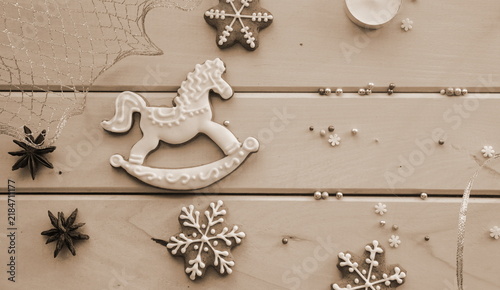 Christmas Gingerbread Rocking Horse and Snowflake Cookies Festive Background