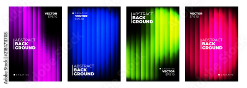Set of Abstract Backgrounds with Ripple Glass Effect. Smooth fluted lines and bright color blurred gradients for modern creative graphic design. Vector illustration.