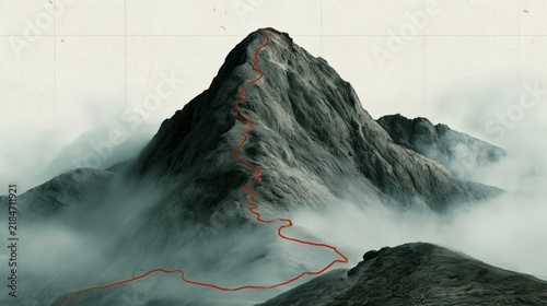 Mountain path leads to peak surrounded by clouds and mist during the day