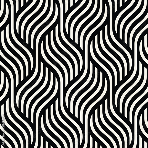 Seamless geometric pattern featuring bold interlaced waves and flowing shapes. A monochrome repeating design with a woven grid structure and rhythmic ripple effect. Modern surface design.